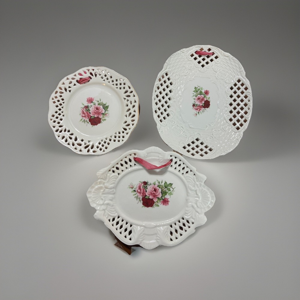 Vtg. Set of 3 Rose Reticulated Decorative Plates Hanging Decor Floral Braum Bros